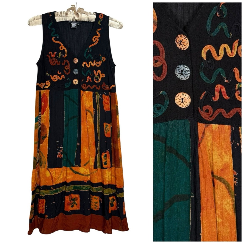Vintage CAROLE LITTLE Dress Womens 4 Art to Wear Hippie 90s Boho Artsy Festival